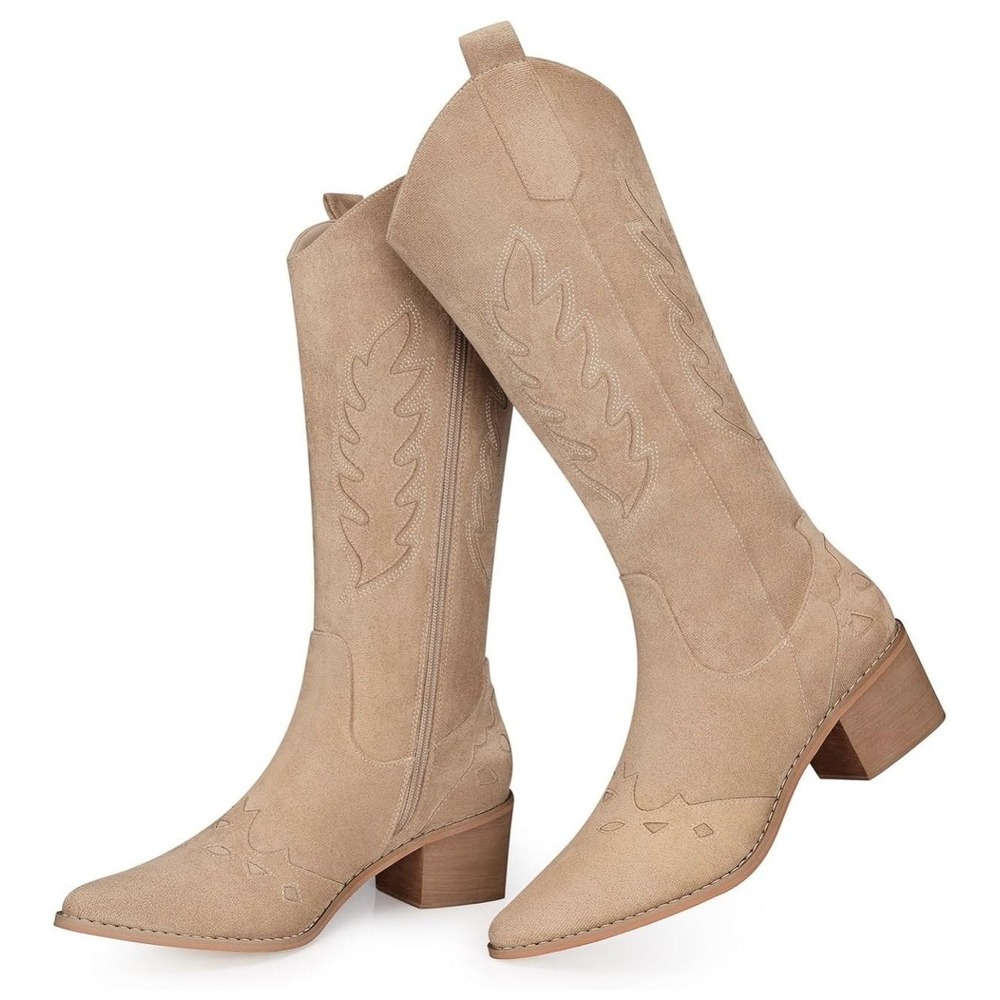 SHIBEVER Boots Womens Size 8 Beige Suede Knee High Cowboy Western Zip Block Heel